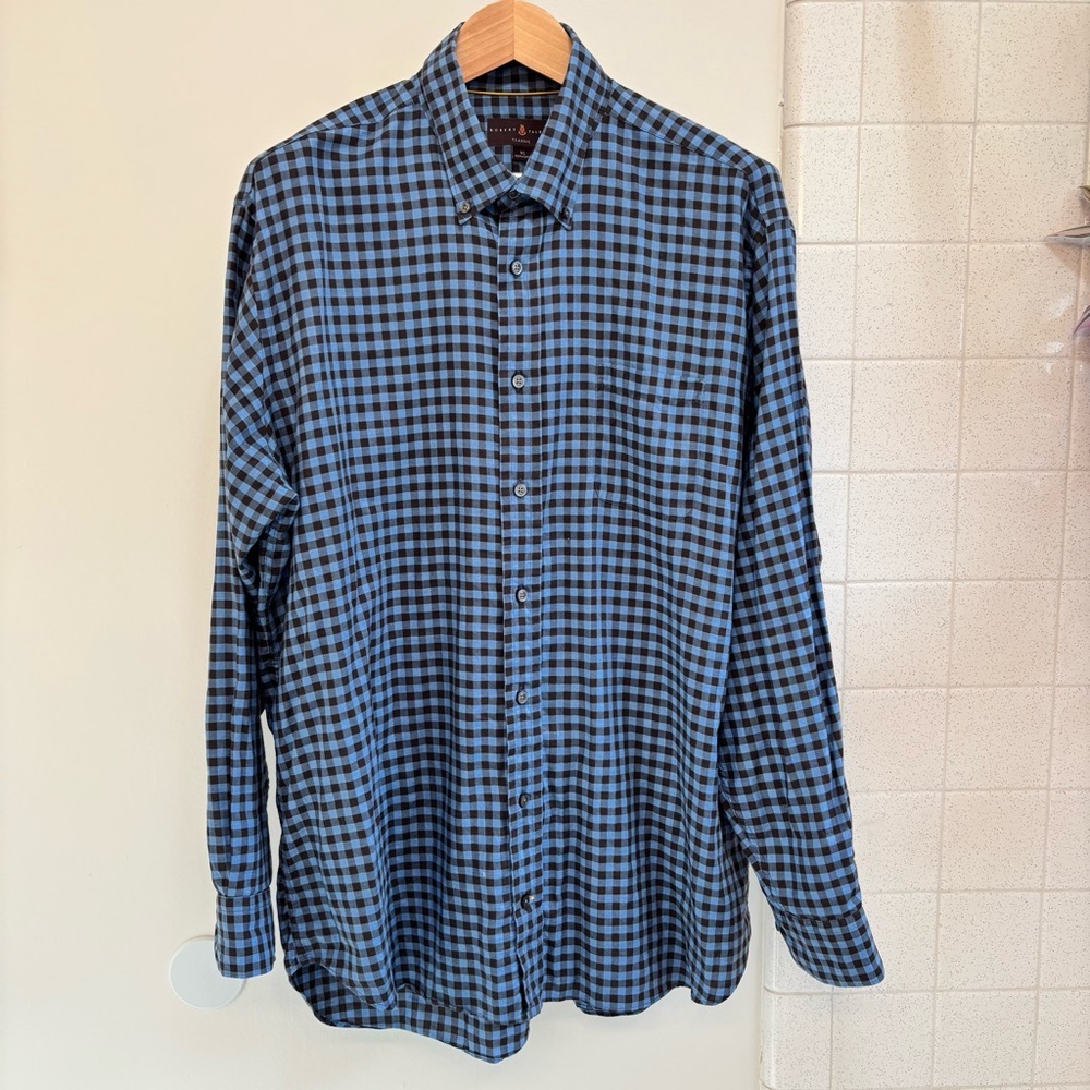 Robert Talbott Talbot Blue Button Down Shirt Size XL Classic Checkered Preppy